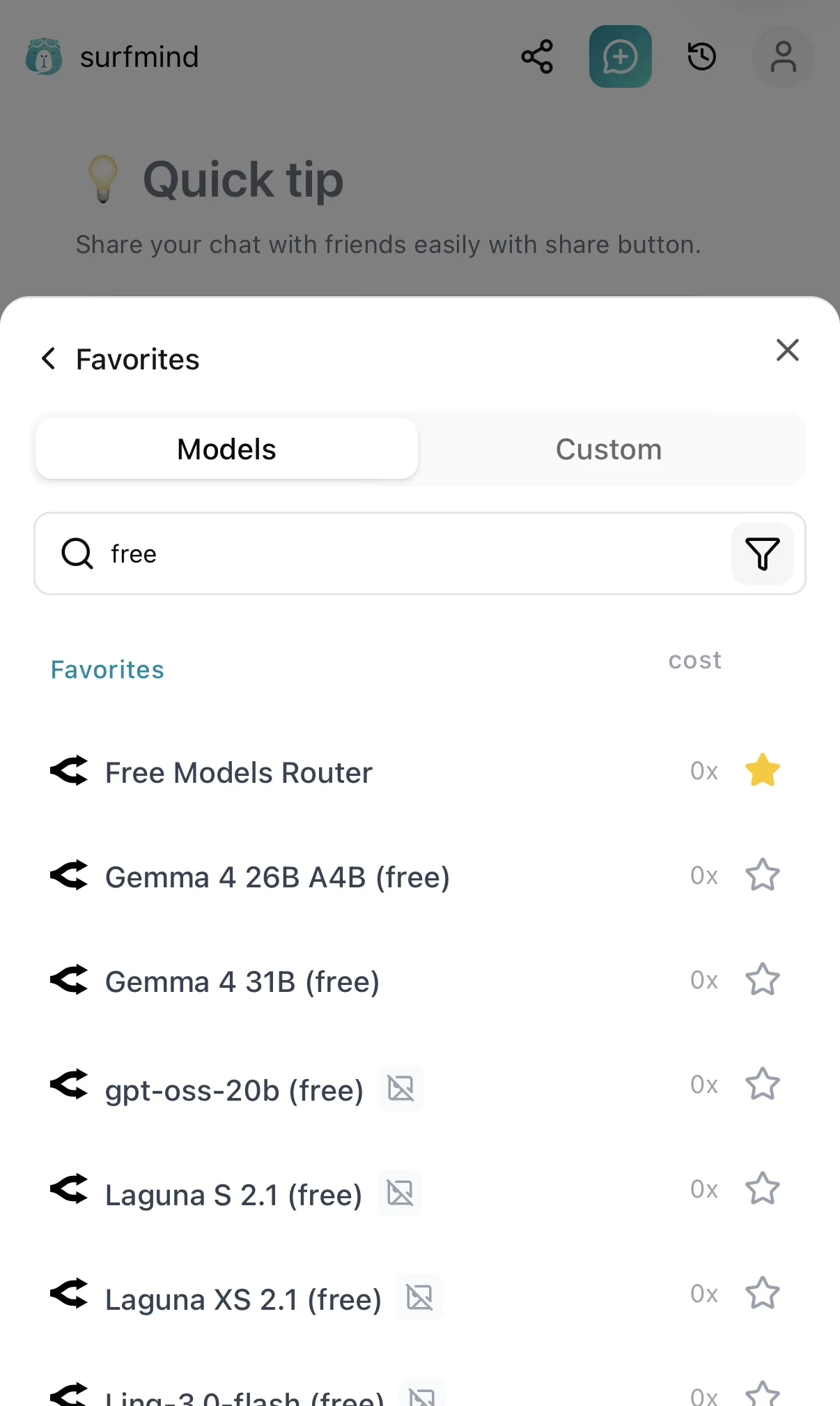 Pesquisa de modelos gratuitos do OpenRouter na lista do SurfMind
