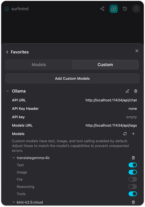 SurfMind connected to Ollama with local models listed