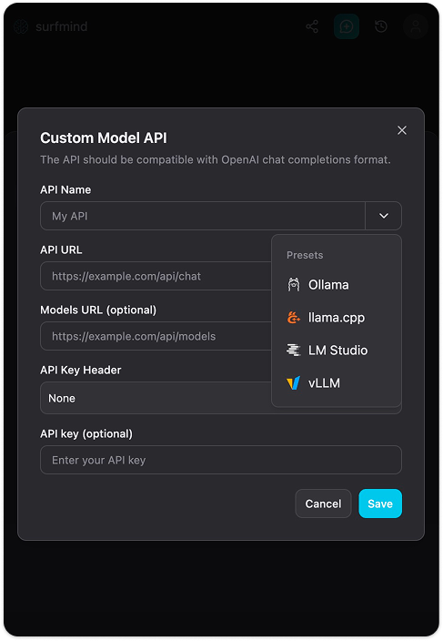SurfMind Custom Model API form with Ollama preset