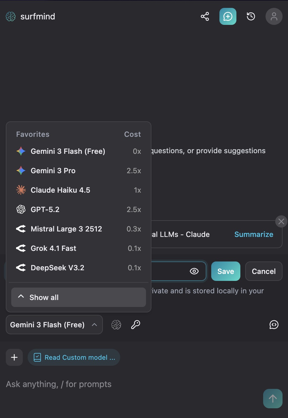 SurfMind Favorites model list