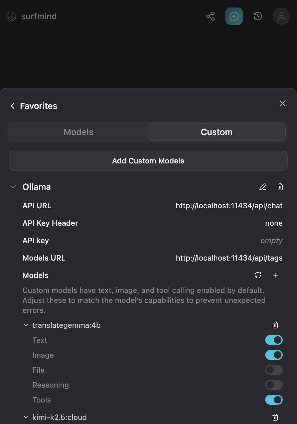 SurfMind connected to Ollama with local models listed