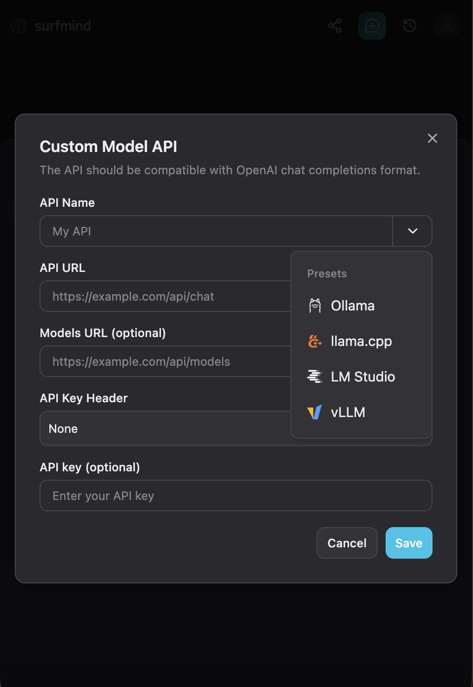 SurfMind Custom Model API form with Ollama preset